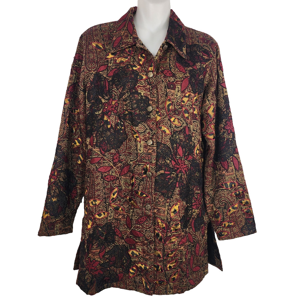 Chico's Womens Brocade Jacket Button Floral Beaded Embroidered Silk Lace Small